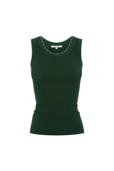Flat lay ghost mannequin product shot of the bottle green Zoe knit tank featuring a scoop neck, contrast piping, and the interior brand label.