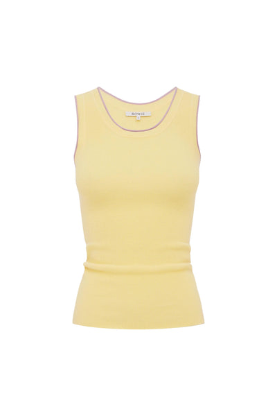 Ghost mannequin front product shot of the lemon zero-waste knit tank with mauve contrast trim against a neutral white background.