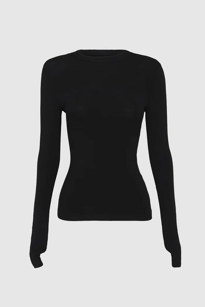 A flat-lay studio packshot of the black Rumi long-sleeve baby tee against a clean gray background, highlighting its high scooped neckline, fitted silhouette, and structural thumbhole cuff details.