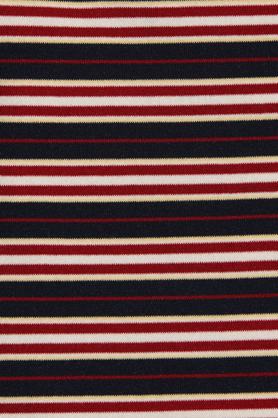 Close-up fabric detail of the Faithfull The Brand Harlow Oversized Polo showing the fine knit texture and horizontal stripe pattern in navy, cream, and red.