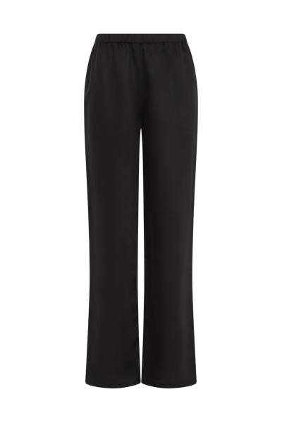 Front product shot of the full-length black trousers featuring a high-rise elasticated waistband and a straight-leg silhouette against a plain white background.