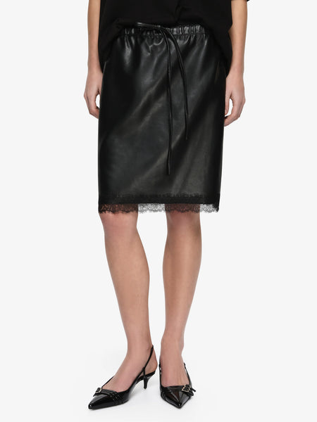 Mid-section studio shot showing the elastic drawstring waist and lace trim hem of the Bec + Bridge Saphira Midi Skirt in Black faux leather.