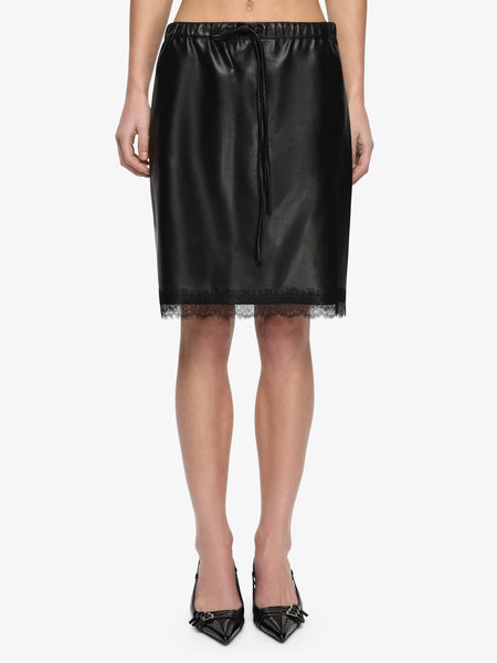 Front cropped studio shot highlighting the drawstring waistband, smooth faux leather fabric, and sheer lace trim on the Bec + Bridge Saphira Midi Skirt in Black.
