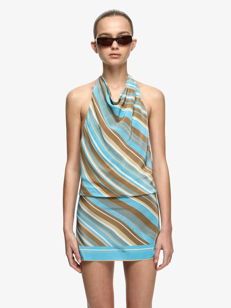 Close-up front view of the model showcasing the dress's high cowl neckline and striped viscose-silk fabrication.