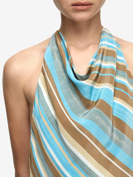 Detailed close-up of the draped cowl neck and diagonal stripe placement pattern.