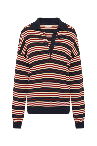 Front flat lay view of the Faithfull The Brand Harlow Oversized Polo in Cila Stripe Navy, featuring horizontal navy, cream, and red knit stripes, a navy polo collar, button placket, and ribbed cuffs.