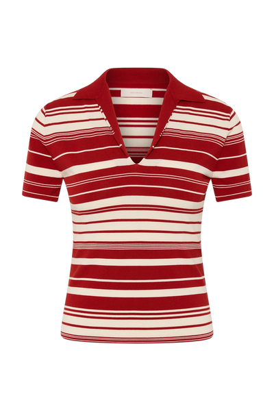 Front product shot of the fine-knit polo top in red ochre and cream stripes, featuring a classic collar and V-neckline against a plain white background.