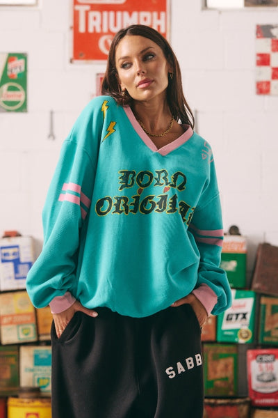 SABBI - THE BORN ORIGINAL V NECK JUMPER - TEAL & PINK