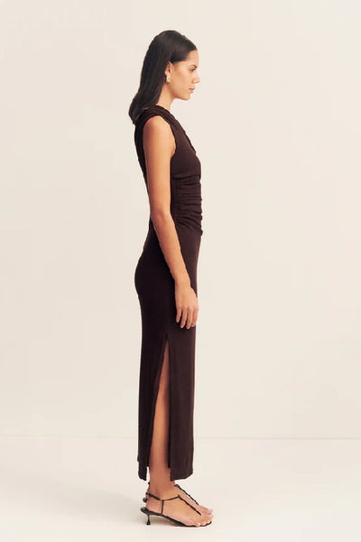 SHONA JOY - BEAU GATHERED ASYMMETRICAL  MIDI DRESS - ESPRESSO - PERTH BOUTIQUE - AUSTRALIAN BOUTIQUE - WA BOUTIQUE - INTERNATIONAL SHIPPING - USA SHIPPING - PERTH STORES - PERTH STORE - AUSTRALIA - WA - WESTER AUSTRALIA - WOMENS FASHION - FASHION - CLOTHING - WA STOCKIST - PERTH STOCKIST - AUSTRALIAN STOCKIST - STOCKIST