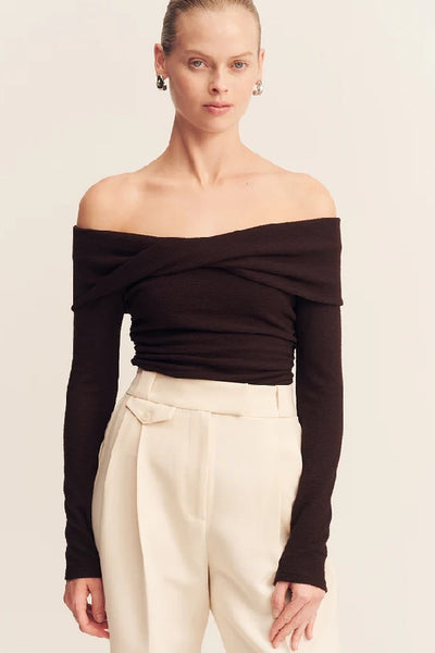 SHONA JOY - BEAU OFF THE SHOULDER TWIST FRONT TOP - ESPRESSO - PERTH BOUTIQUE - AUSTRALIAN BOUTIQUE - WA BOUTIQUE - INTERNATIONAL SHIPPING - USA SHIPPING - PERTH STORES - PERTH STORE - AUSTRALIA - WA - WESTER AUSTRALIA - WOMENS FASHION - FASHION - CLOTHING - WA STOCKIST - PERTH STOCKIST - AUSTRALIAN STOCKIST - STOCKIST
