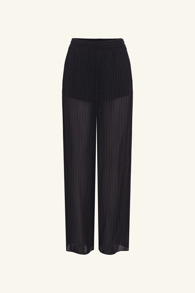 Studio product shot of the Shona Joy Irving Polka Dot Sheer Pant in Black Polka Stripe on a plain off-white background showing the wide leg and short lining design.