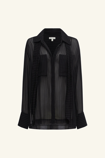 Flat studio product shot of the Shona Joy Irving Polka Dot Sheer Shirt in Black Polka Stripe on an off-white background, featuring chest patch pockets and a removable neck scarf.
