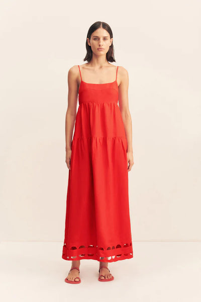 SHONA JOY - BIRDIE SCALLOP TIERED MIDI DRESS - RED ROSE