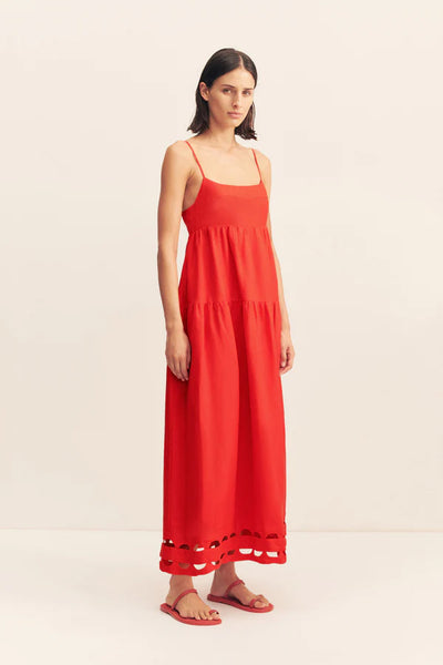 SHONA JOY - BIRDIE SCALLOP TIERED MIDI DRESS - RED ROSE