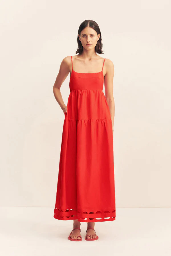 SHONA JOY - BIRDIE SCALLOP TIERED MIDI DRESS - RED ROSE