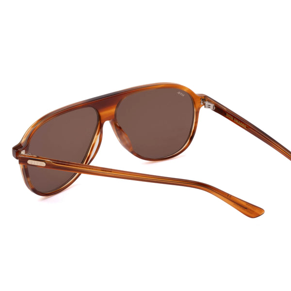 Rear angled view of the Sito Shades Bobbi in Tangelo translucent orange aviator sunglasses highlighting the dark brown lenses, inner silver hardware, and inner temple branding on a white studio background.