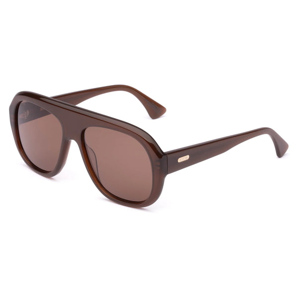 Three-quarter angle front view of Sito Shades Paloma aviator sunglasses in translucent milky coco brown acetate with brown lenses and thick top bar design.