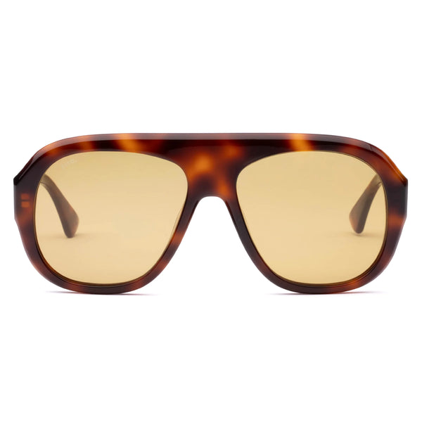 Direct front product view of oversized Sito Shades Paloma aviator sunglasses featuring a thick translucent classic tortoiseshell acetate frame with a flat top brow and yellow-tinted CR39 lenses.