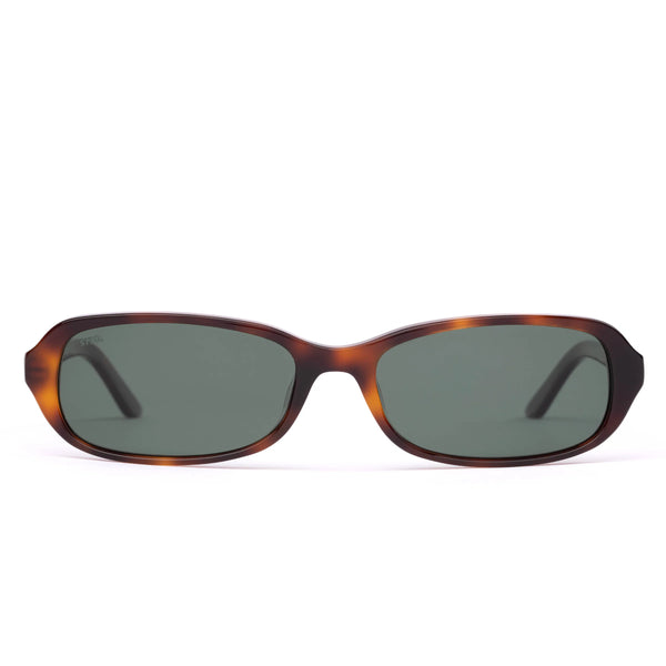 Front view studio shot of the Sito Shades Roux rectangular sunglasses in translucent Classic Tort acetate with CR39 grey polarised lenses on a white background.
