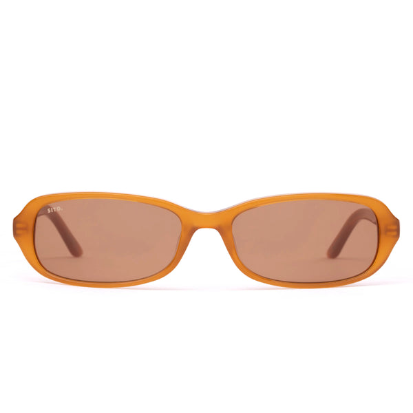 Front view studio shot of the Sito Shades Roux rectangular sunglasses in translucent caramel orange acetate with light brown CR39 lenses on a white background.