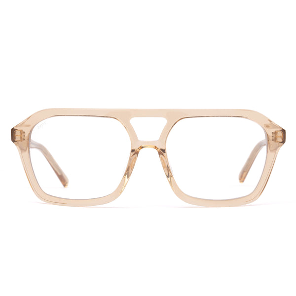 Front isolated view of Sito Shades The Void Blue Light glasses in Sunlight, showing translucent champagne-yellow aviator frames with clear lenses and a double bridge design.