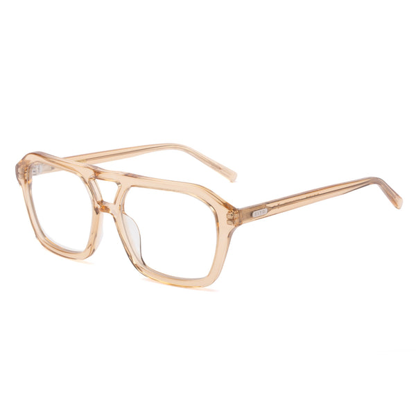 Front three-quarter angle of Sito Shades The Void Blue Light glasses in Sunlight, highlighting the translucent plant-based acetate aviator frame and clear CR39 lenses.