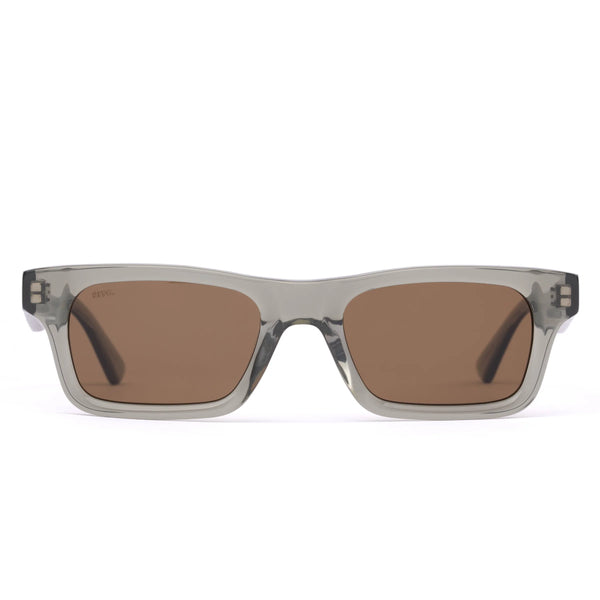 Front view studio portrait of the Sito Shades Vincent rectangular sunglasses featuring a translucent Nori green acetate frame and brown polarised lenses on a plain white background.
