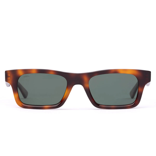 Front view studio photograph of the Sito Shades Vincent rectangular sunglasses featuring a translucent classic tortoiseshell acetate frame and dark grey polarised lenses on a white background.