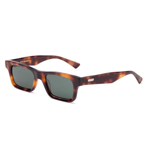 Three-quarter angle studio view of the Sito Shades Vincent rectangular sunglasses in translucent classic tortoiseshell acetate with dark grey polarised lenses.