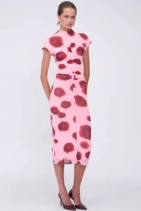 SUBOO - LUCA MESH RUCHED FRONT MIDI DRESS - PINK RED - PERTH STOCKIST - AUSTRALIAN STOCKIST - WA STOCKIST - AUSTRALIA STOCKIST - AUS STOCKIST - PERTH BOUTIQUE - WA BOUTIQUE - AUS BOUTIQUE - AUSTRALIA BOUTIQUE