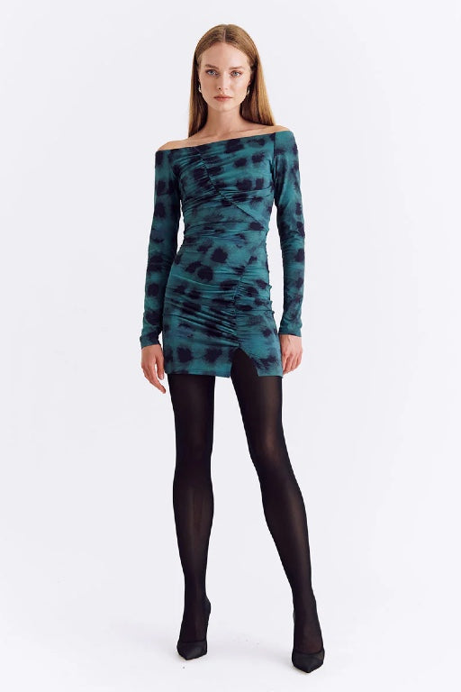 SUBOO - SHIBORI LONG SLEEVE OFF SHOULDER SHOULDER MINI - GREEN