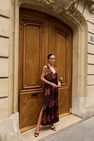 SUMMI SUMMI - V-NECK MAXI DRESS - CHOCOLAT PETALS-3 - PERTH BOUTIQUE - AUSTRALIAN BOUTIQUE - WA BOUTIQUE - INTERNATIONAL SHIPPING - USA SHIPPING - PERTH STORES - PERTH STORE - AUSTRALIA - WA - WESTER AUSTRALIA - WOMENS FASHION - FASHION - CLOTHING - WA STOCKIST - PERTH STOCKIST - AUSTRALIAN STOCKIST - STOCKIST
