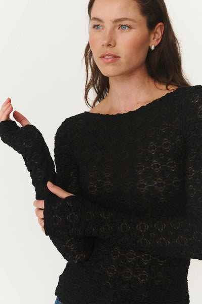 Detailed shot of the long sleeves in black lace, featuring the integrated thumbhole detail for a modern, layered look.