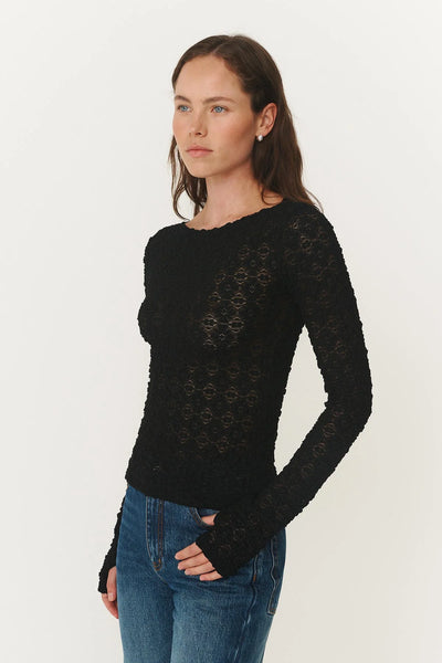 Rear view of the Samantha Clover Lace Top in Noir, showing the seamless back construction and the continuity of the floral motif across the shoulders.