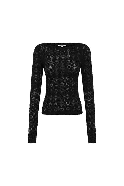 A fitted long-sleeve lace top in Noir black, featuring an intricate clover-inspired floral motif and a classic boat neckline.