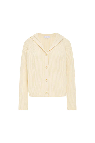 A relaxed-fit Saylor Knit Cardigan in Snow white, featuring a distinctive wide sailor collar and a ribbed button-through front.