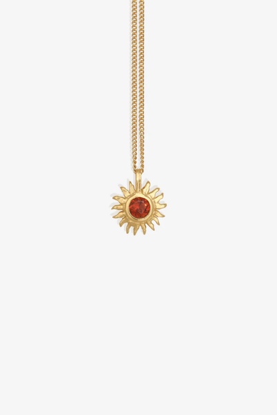 Studio product shot of the Temple of the Sun Aten Necklace in 18k Gold Vermeil featuring an orange garnet sun disc pendant on a fine chain against a plain white background.