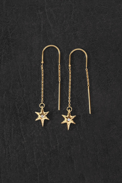 Flat-lay shot of the Temple of the Sun Electra Earrings in 18k Gold Vermeil laid out on a textured dark surface, displaying the curved ear wires, delicate chains, and star charms.
