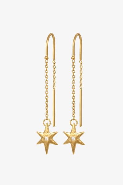 Studio product shot of a pair of Temple of the Sun Electra Earrings in 18k Gold Vermeil featuring star charms with natural white zircon centers on fine chain threader drops against a plain background.