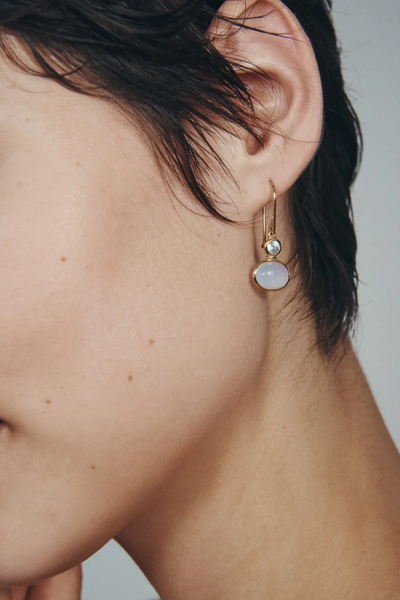 Close-up shot of a model wearing the Temple of the Sun Ether Earring in 18k Gold Vermeil, highlighting the Sky Blue Topaz and Blue Chalcedony gemstone settings.
