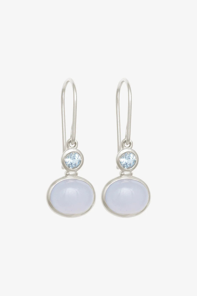 Studio product shot of the Temple of the Sun Ether Earrings in Sterling Silver showing Sky Blue Topaz and oval Blue Chalcedony cabochon drops on fine hooks against a plain white background.