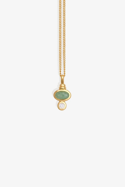 Studio product shot of the Temple of the Sun Ma Necklace in 18k Gold Vermeil featuring an oval green aventurine cabochon and round white zircon pendant on a fine gold chain.