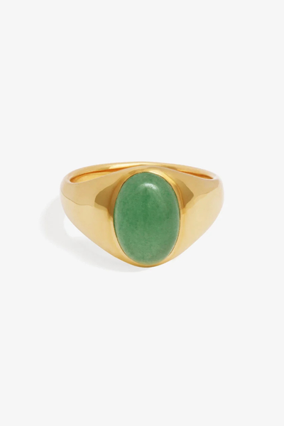Studio front shot of the Temple of the Sun Ma Ring in 18k Gold Vermeil featuring an oval green aventurine cabochon set in a polished signet band.