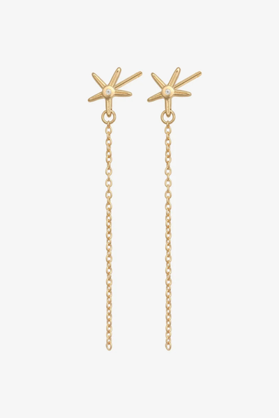 Studio product shot of the pair of Temple of the Sun Seba Stud Earrings in 18k Gold Vermeil showing star studs set with natural zircon and delicate chain drops.