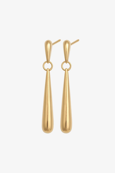 Studio product shot of the pair of Temple of the Sun Stilla Earrings in 18k Gold Vermeil displaying polished raindrop drop pendants on post studs.