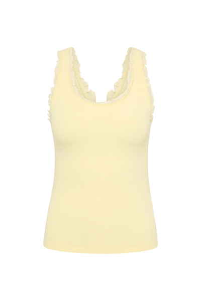 Studio flat lay view of a butter yellow organic cotton rib scoop neck tank top featuring delicate tonal ruffle lace trim along the scooped front and back necklines.