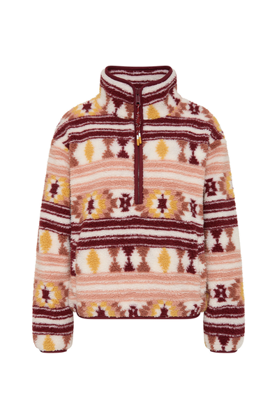 A clean product shot of the Harlow Fleece Pullover in Aztec against a white background. The image clearly displays the quarter-zip neckline, maroon woven binds, elasticated hemline, and the bold geometric patterns.