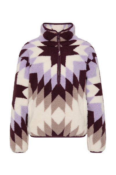 Flat studio layout of The Upside Harlow Fleece Pullover in Maple Chaud featuring a geometric star pattern in fig, cream, and mushroom with a high zip collar.