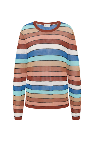 Flat studio image of The Upside Iza Milla Long Sleeve Knit Top showing the lightweight, semi-sheer knit fabrication with horizontal multicoloured stripes.