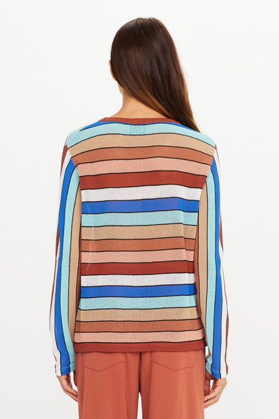 Rear view of model Eden wearing the relaxed-fit Iza Milla Long Sleeve Knit Top in Stripe by The Upside, showcasing the back pattern layout and crew neck cutout.
